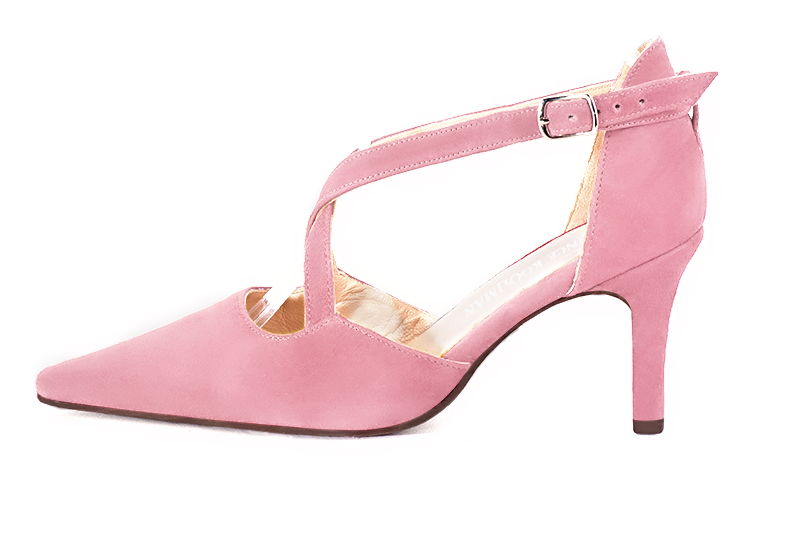 Carnation pink women's open side shoes, with crossed straps. Tapered toe. High slim heel. Profile view - Florence KOOIJMAN